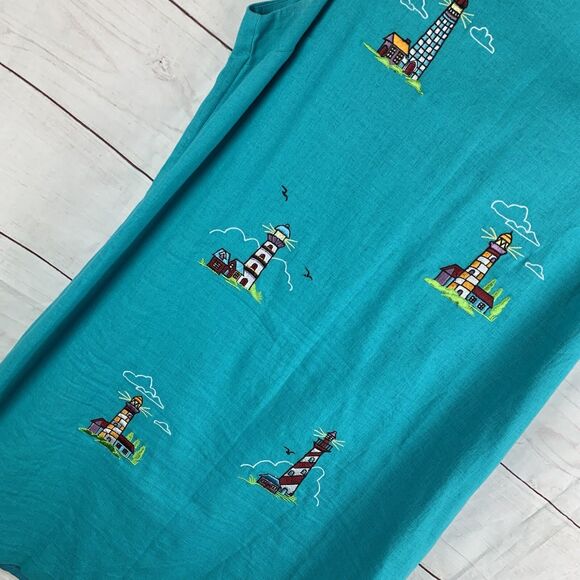 Vintage Dress Linen Embroidered 12 14 XL Lighthouses Nautical Marine Blue Teal - Picture 9 of 16